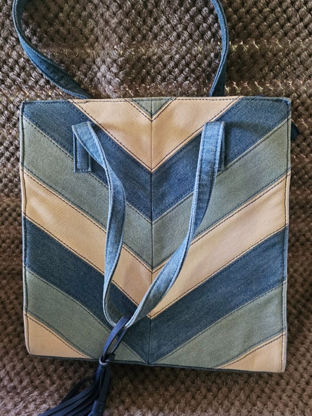 Y2K Denim Patchwork Chevron Tote Shoulder Bag Blue Boho Tassel Multi Pocket EUC